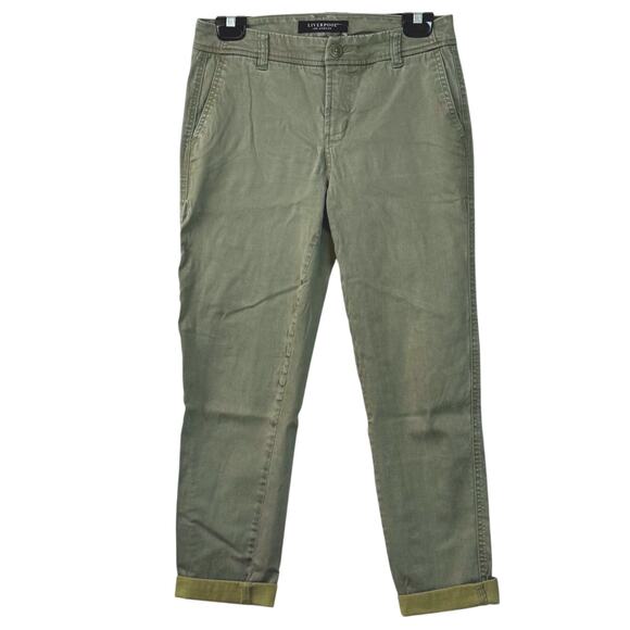 Liverpool Los Angeles Olive Green Boyfriend Cut Soft Khaki Pants  Cuffed Ankle - Picture 1 of 16